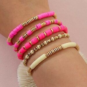 Boho Surfer Girl Clay Disc Bracelet Set Pink & Ivory Heishi with Gold Accents
